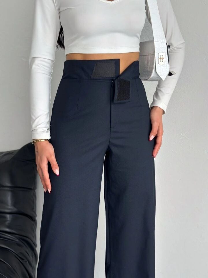 CIRTLI KUMAŞ PANTOLON / KADIN KUMAŞ PANTOLON GENİŞ PAÇA XL - LACİVERT