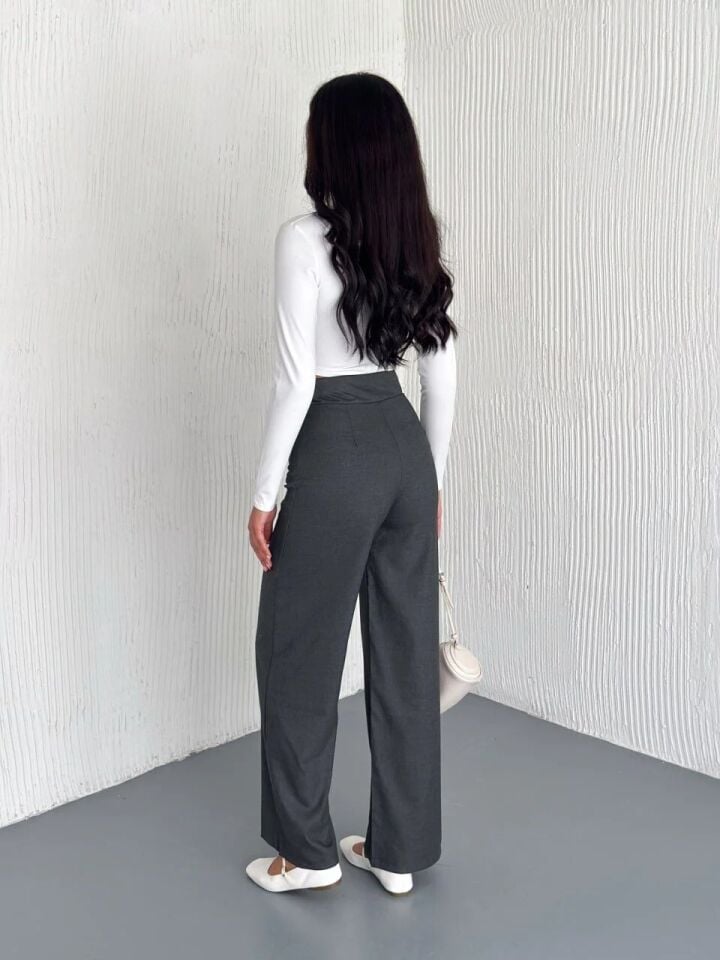 CIRTLI KUMAŞ PANTOLON / KADIN KUMAŞ PANTOLON GENİŞ PAÇA XL - KOYU GRİ