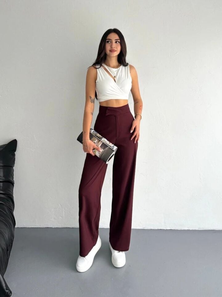 CIRTLI KUMAŞ PANTOLON / KADIN KUMAŞ PANTOLON GENİŞ PAÇA XL - BORDO