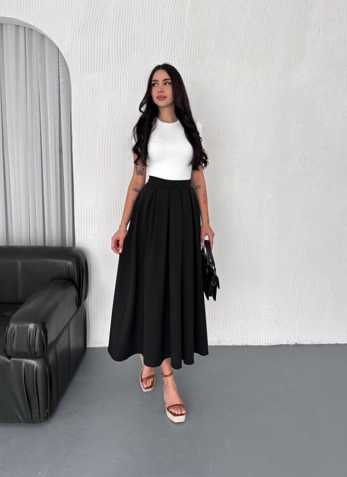 PİLELİ UZUN ETEK 91 CM TAM BOY / GÜNLÜK UZUN ETEK PİLELİ A KESİM XL - SİYAH