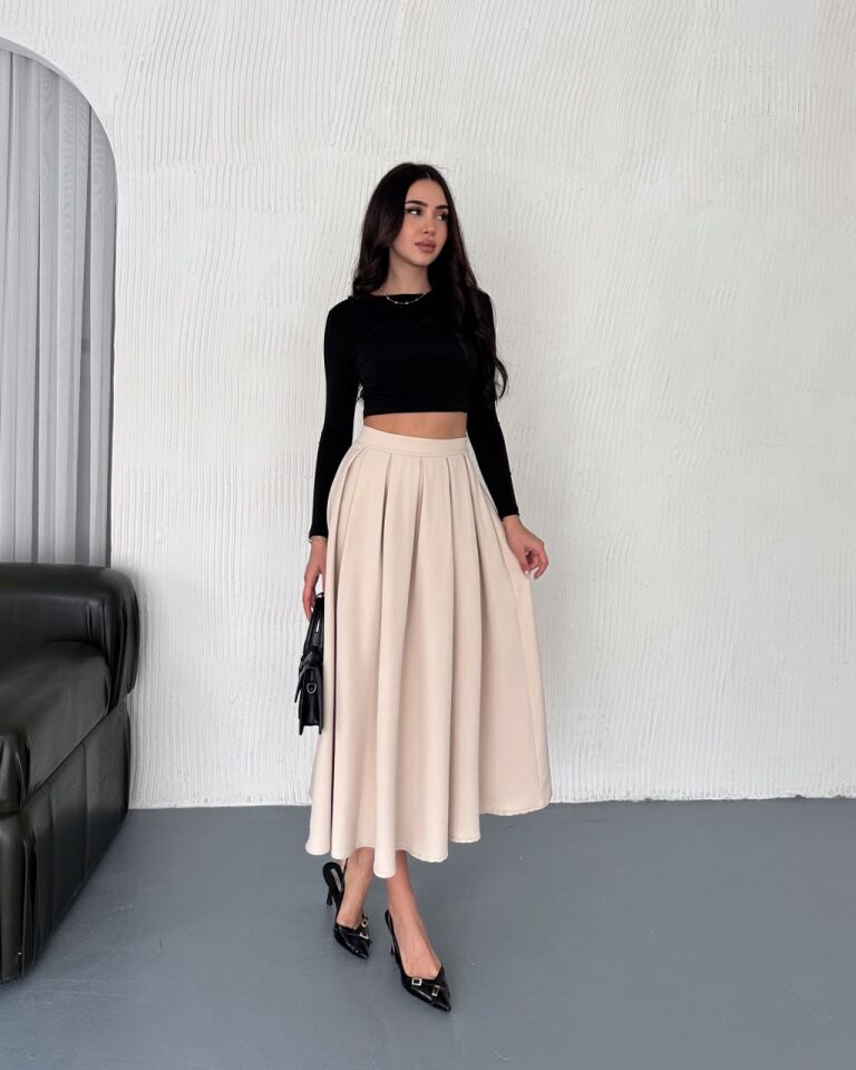PİLELİ UZUN ETEK 91 CM TAM BOY / GÜNLÜK UZUN ETEK PİLELİ A KESİM XL - KREM