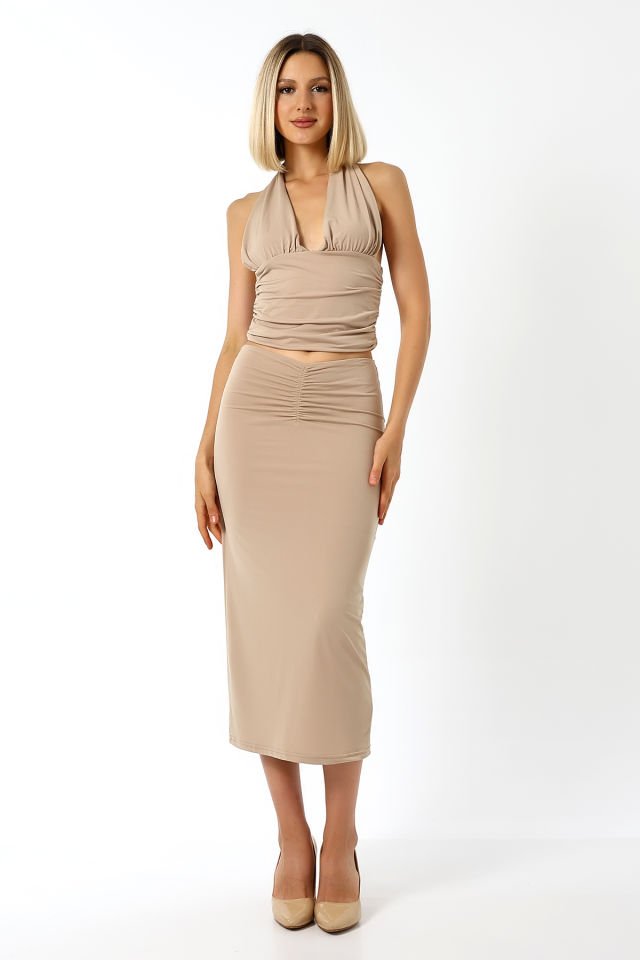 ÖN DRAPELİ UZUN ETEK 82 CM /ÖN BÜZGÜLÜ ETEK / DRAPED LONG SKIRT L - BEJ