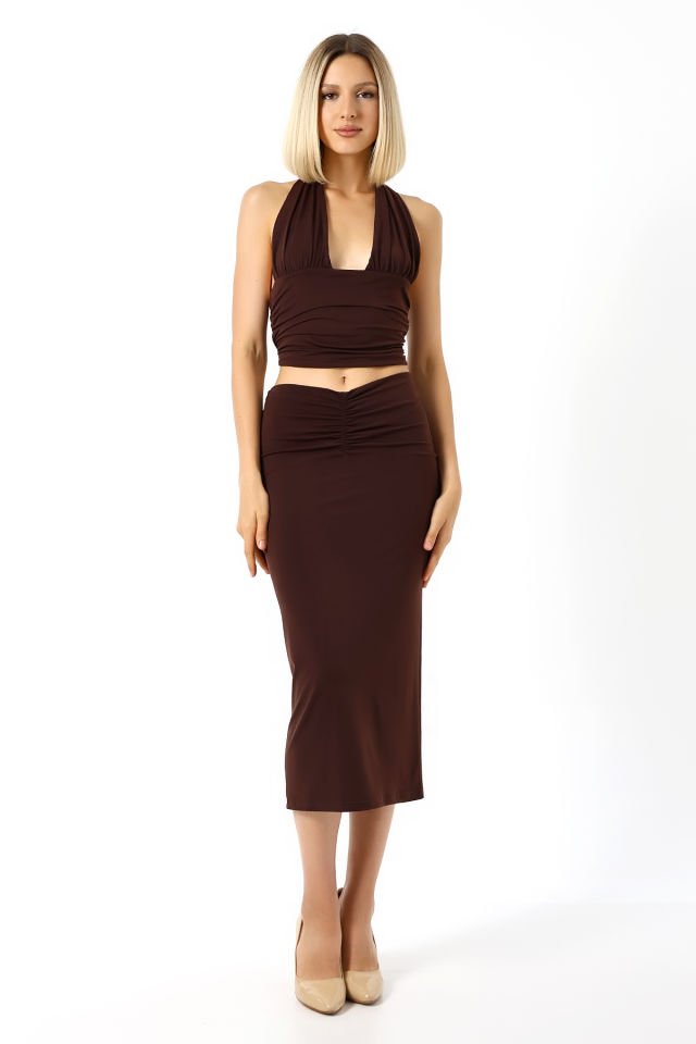 ÖN DRAPELİ UZUN ETEK 82 CM /ÖN BÜZGÜLÜ ETEK / DRAPED LONG SKIRT L - KOYU KAHVE