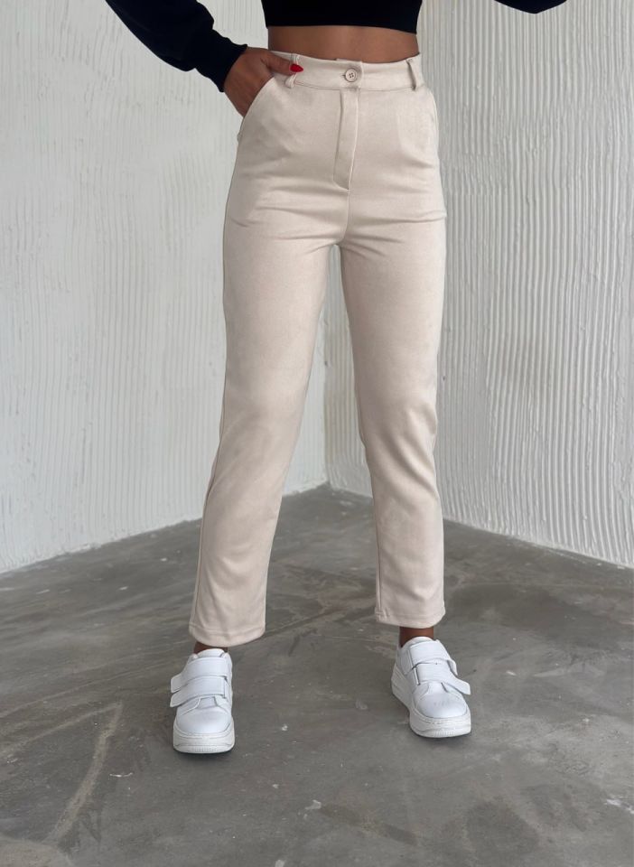 Kadın Süet Yüksek Bel Havuç Pantolon / women suede fabric high waist trousers XL - BEJ