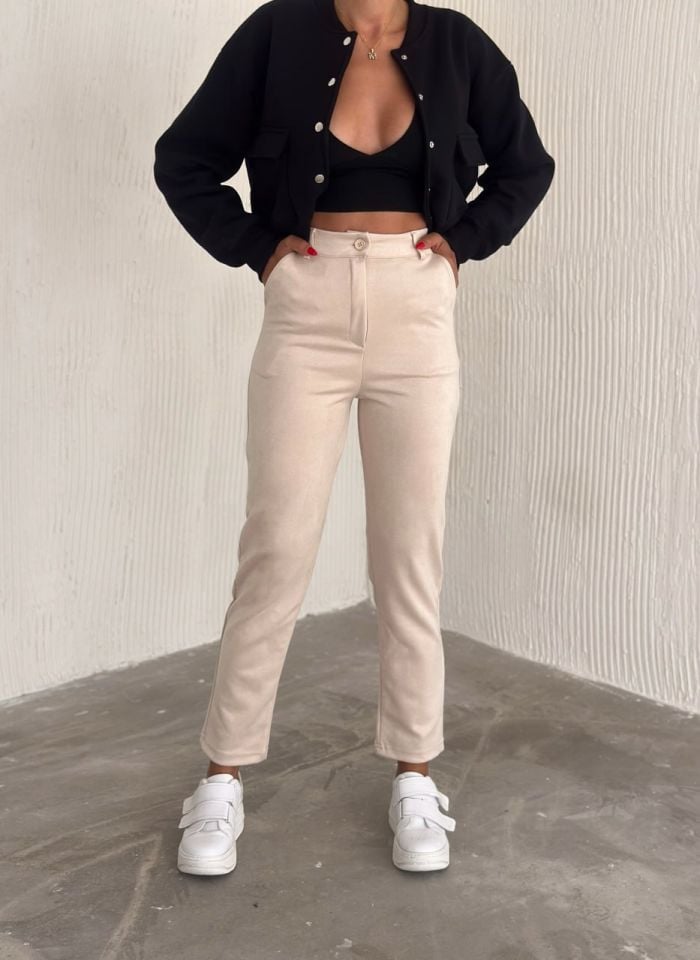 Kadın Süet Yüksek Bel Havuç Pantolon / women suede fabric high waist trousers XL - BEJ