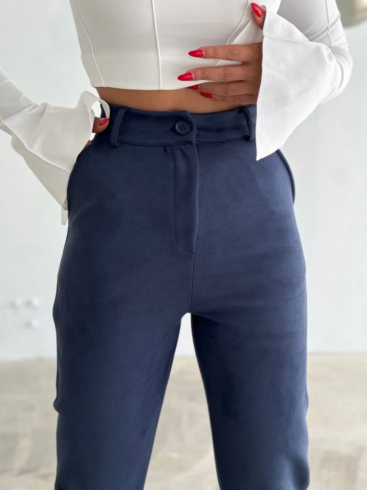 Kadın Süet Yüksek Bel Havuç Pantolon / women suede fabric high waist trousers XL - LACİVERT