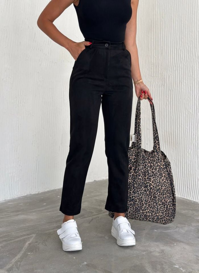 Kadın Süet Yüksek Bel Havuç Pantolon / women suede fabric high waist trousers XL - SİYAH