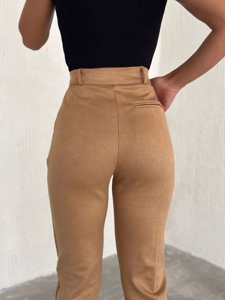 Kadın Süet Yüksek Bel Havuç Pantolon / women suede fabric high waist trousers XL - taba
