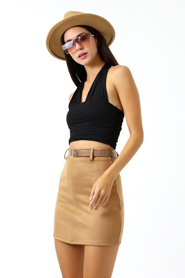 SÜET ETEK KEMERLİ /  BELT SUEDE SKIRT MODEL XL - taba