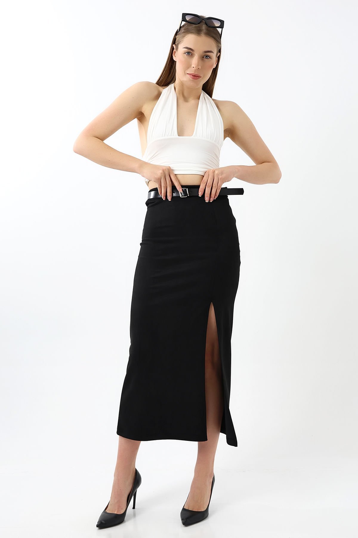 SÜET ETEK MAXİ BOY 92 CM ÖN YIRTMAÇLI /FRONT Slit MAXI LONG SUEDE SKIRT XS - SİYAH