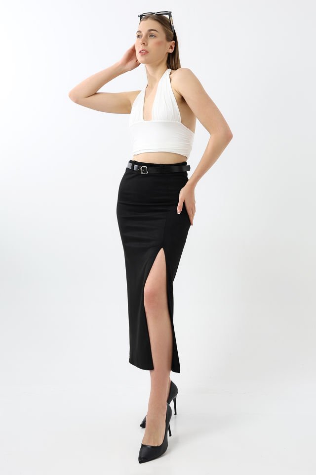 SÜET ETEK MAXİ BOY 92 CM ÖN YIRTMAÇLI /FRONT Slit MAXI LONG SUEDE SKIRT M - SİYAH