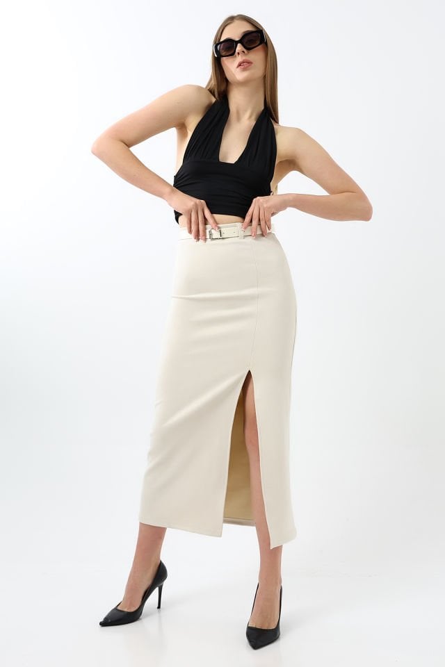 SÜET ETEK MAXİ BOY 92 CM ÖN YIRTMAÇLI /FRONT Slit MAXI LONG SUEDE SKIRT M - EKRU