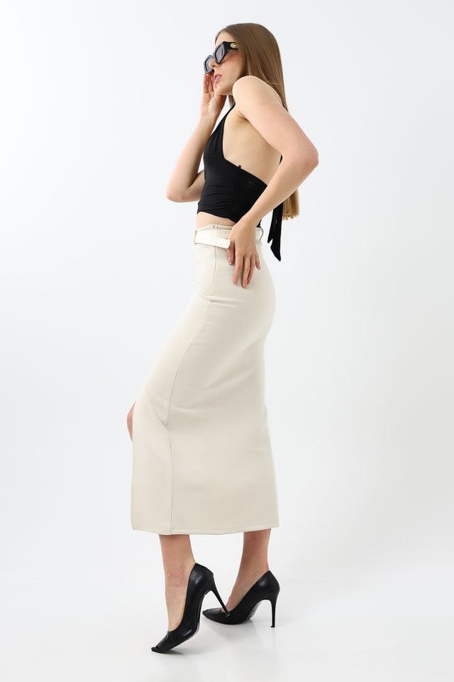 SÜET ETEK MAXİ BOY 92 CM ÖN YIRTMAÇLI /FRONT Slit MAXI LONG SUEDE SKIRT L - EKRU