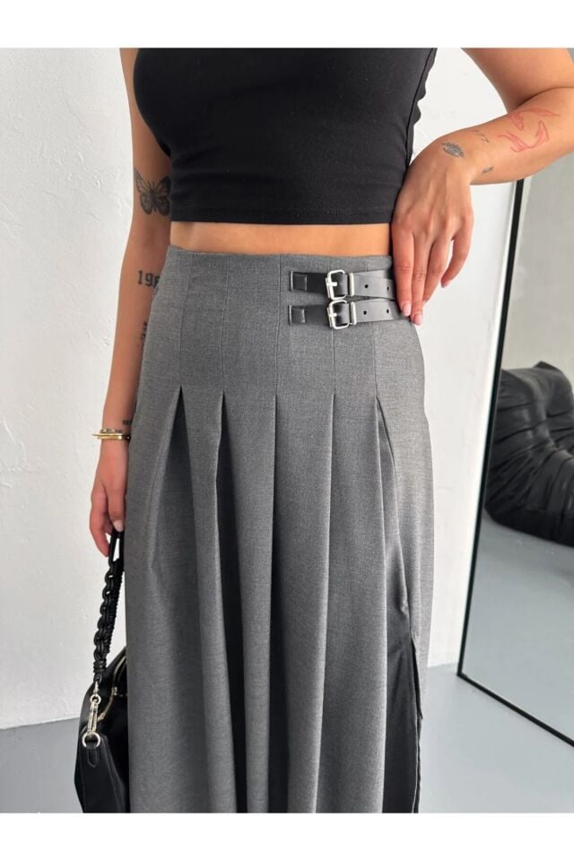 ETEK-TOKALI VE YIRTMAÇLI PİLELİ UZUN ETEK /MAX UZUN ETEK S - KOYU GRİ