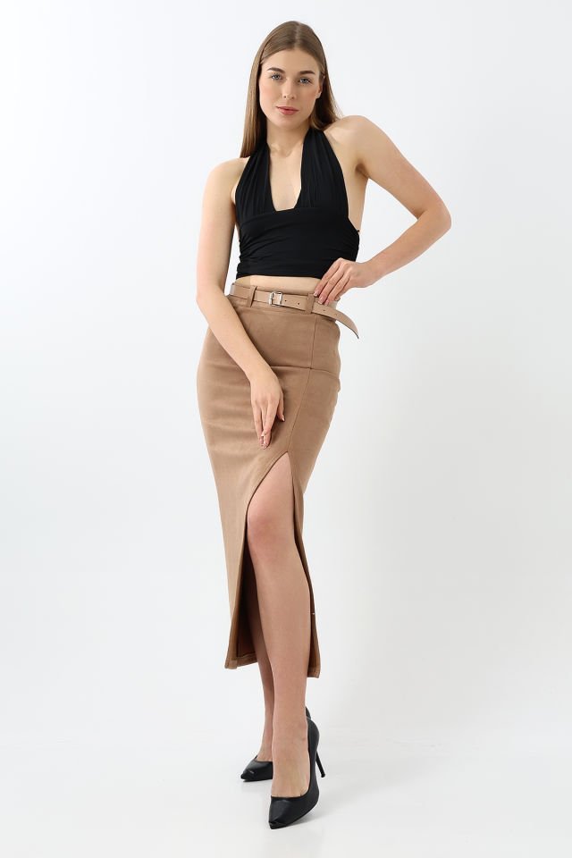 SÜET ETEK MAXİ BOY 92 CM ÖN YIRTMAÇLI /FRONT Slit MAXI LONG SUEDE SKIRT S - taba