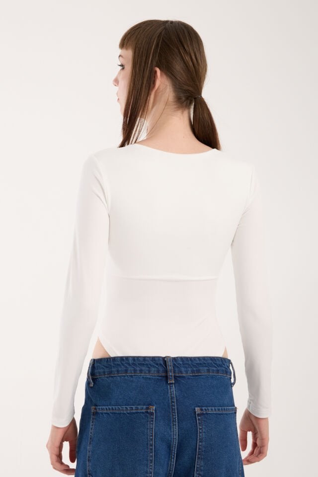 KARE YAKA ALTDAN ÇIT ÇITLI BODY - KARE YAKA BODY LİKRALI KIRIK BEYAZ - S