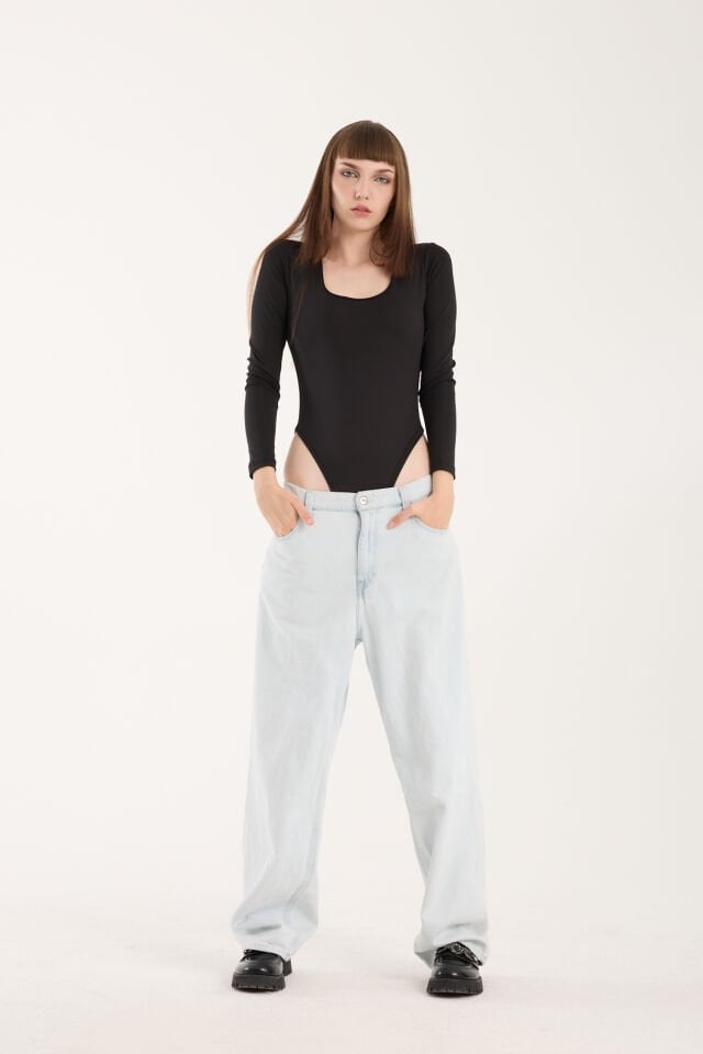 KARE YAKA ALTDAN ÇIT ÇITLI BODY - KARE YAKA BODY LİKRALI SİYAH - XL