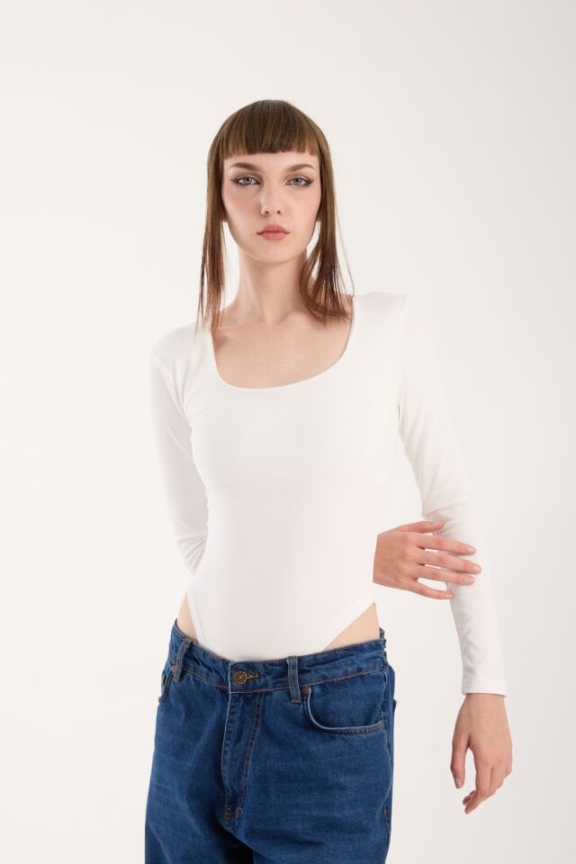 KARE YAKA ALTDAN ÇIT ÇITLI BODY - KARE YAKA BODY LİKRALI KIRIK BEYAZ - XL