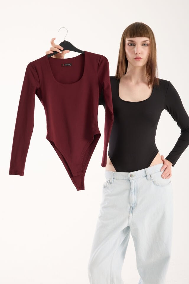 KARE YAKA ALTDAN ÇIT ÇITLI BODY - KARE YAKA BODY LİKRALI BORDO - XL