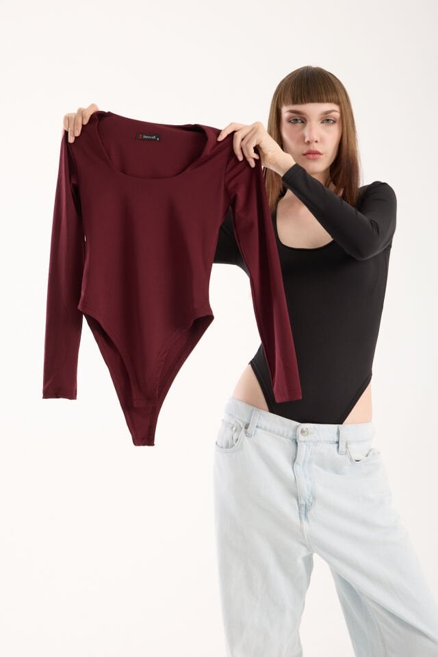 KARE YAKA ALTDAN ÇIT ÇITLI BODY - KARE YAKA BODY LİKRALI BORDO - XL