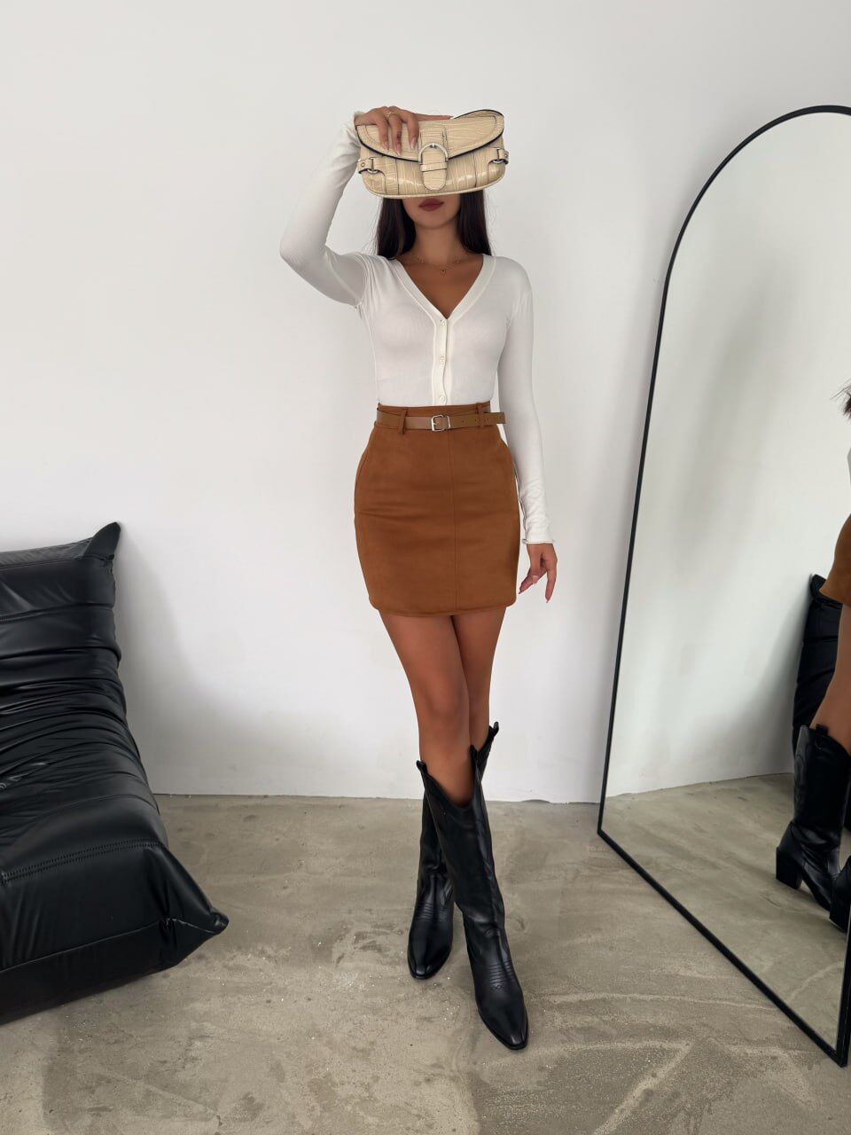 SÜET ETEK KEMERLİ /  BELT SUEDE SKIRT MODEL 2XL - KAHVERENGİ