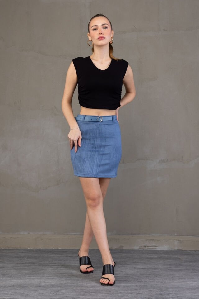 SÜET ETEK KEMERLİ /  BELT SUEDE SKIRT MODEL S - MAVİ