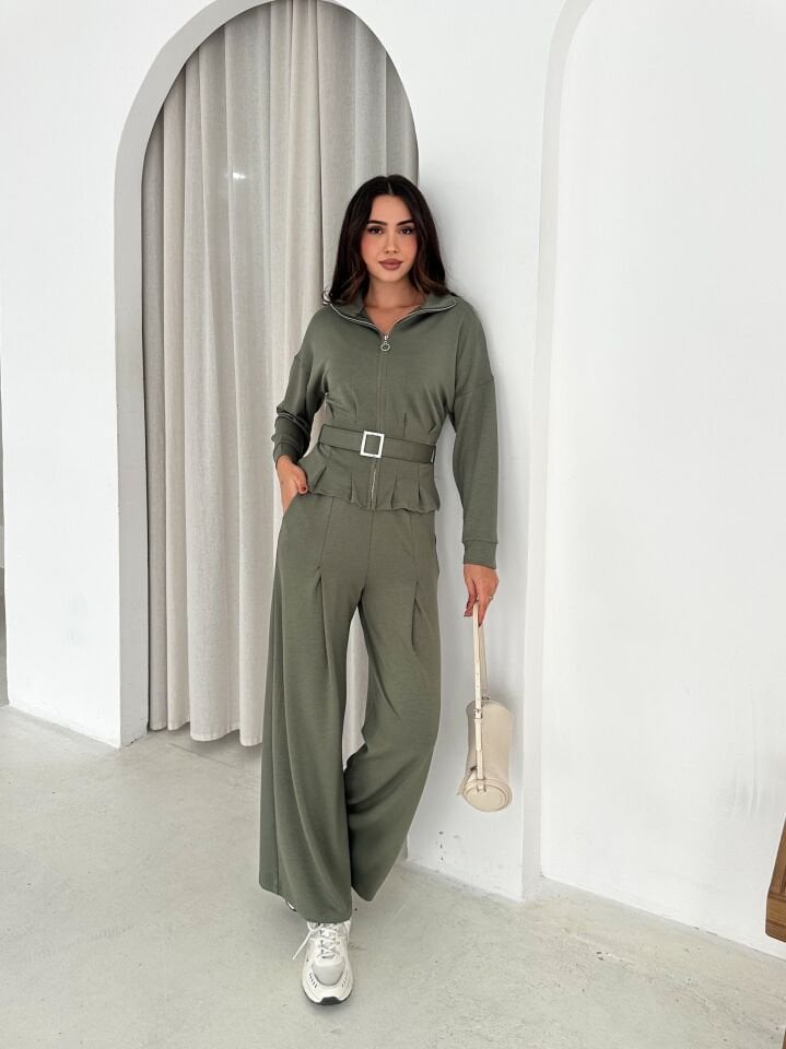 MODAL KUMAŞ KEMERLİ CEKET VE BAGGY ALT EŞOFMAN - MODAL EŞOFMAN TAKIMI KEMERLİ XL - HAKİ
