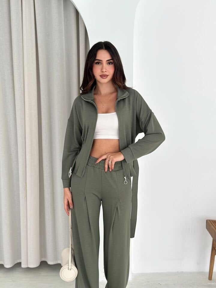 MODAL KUMAŞ KEMERLİ CEKET VE BAGGY ALT EŞOFMAN - MODAL EŞOFMAN TAKIMI KEMERLİ XL - HAKİ