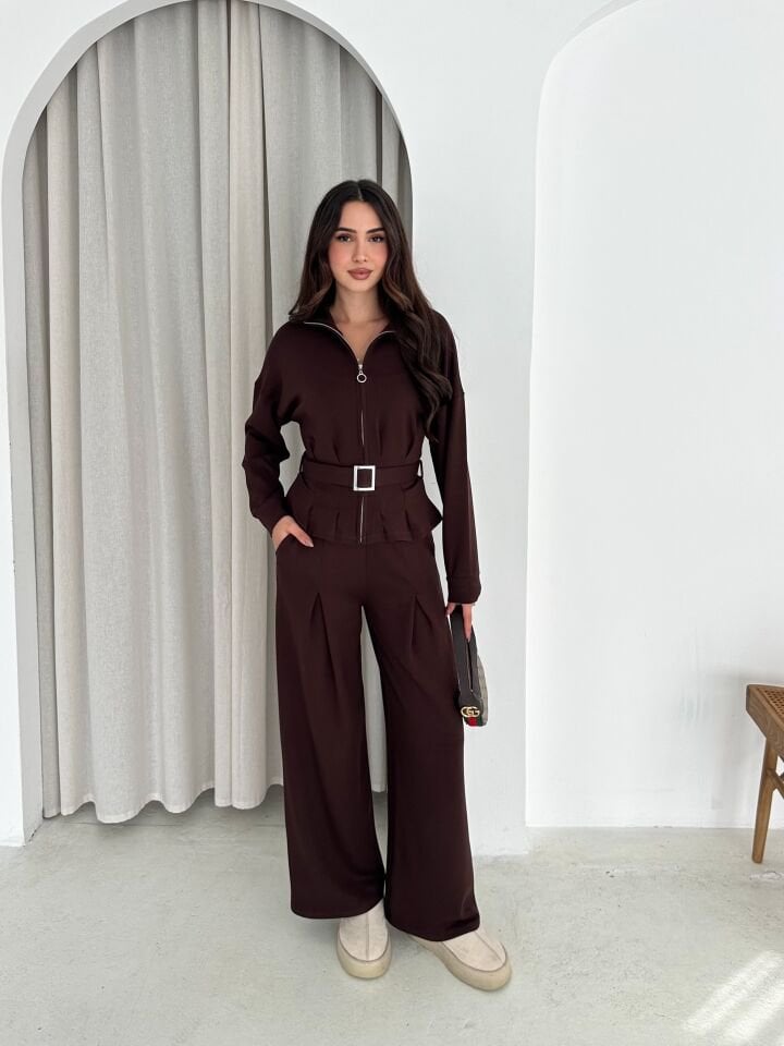 MODAL KUMAŞ KEMERLİ CEKET VE BAGGY ALT EŞOFMAN - MODAL EŞOFMAN TAKIMI KEMERLİ XL - KAHVERENGİ
