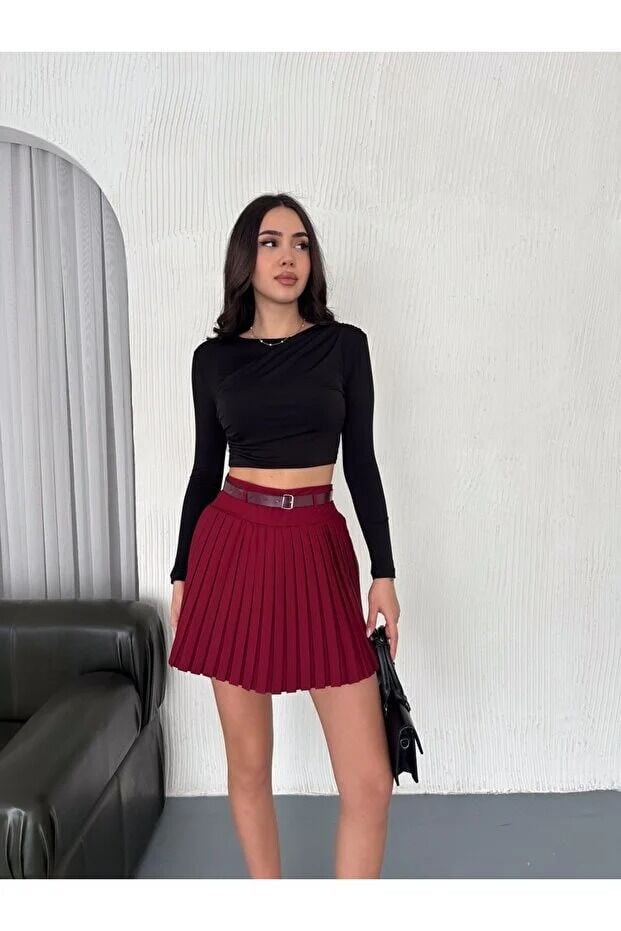 PİLİSELİ İÇDEN TAYTLI KEMERLİ ETEK / KEMERLİ ETEK DİZ ÜSTÜ S - BORDO
