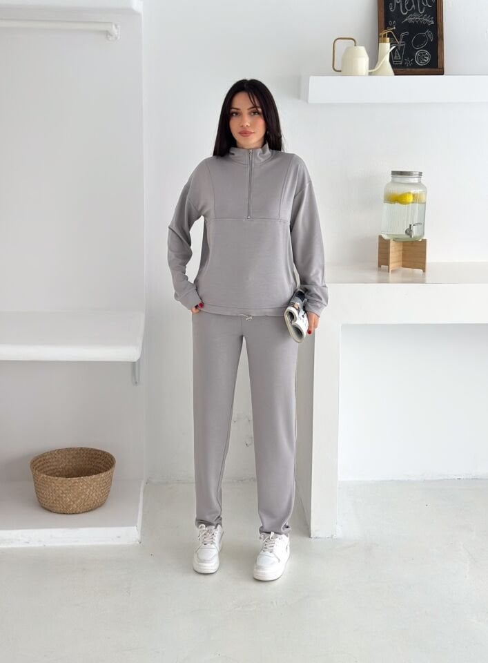 DİK YAKA PARÇALI EŞOFMAN TAKIMI MODAL KUMAŞ CEPLİ - WM2561 - Açık Gri - XL