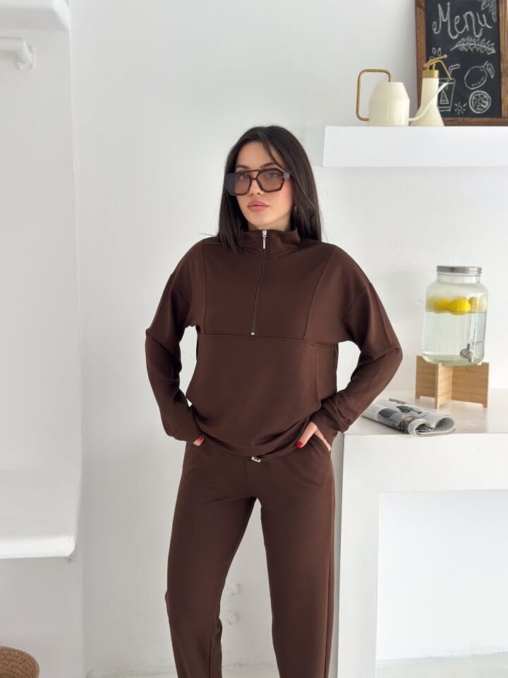 DİK YAKA PARÇALI EŞOFMAN TAKIMI MODAL KUMAŞ CEPLİ - WM2561 - KAHVERENGİ - XL