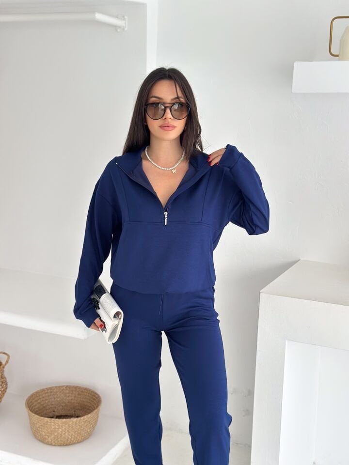 DİK YAKA PARÇALI EŞOFMAN TAKIMI MODAL KUMAŞ CEPLİ - WM2561 - LACİVERT - XL
