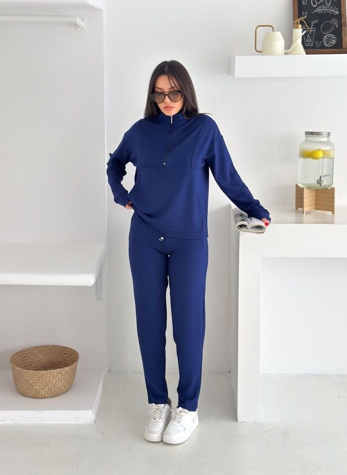DİK YAKA PARÇALI EŞOFMAN TAKIMI MODAL KUMAŞ CEPLİ - WM2561 - LACİVERT - XL