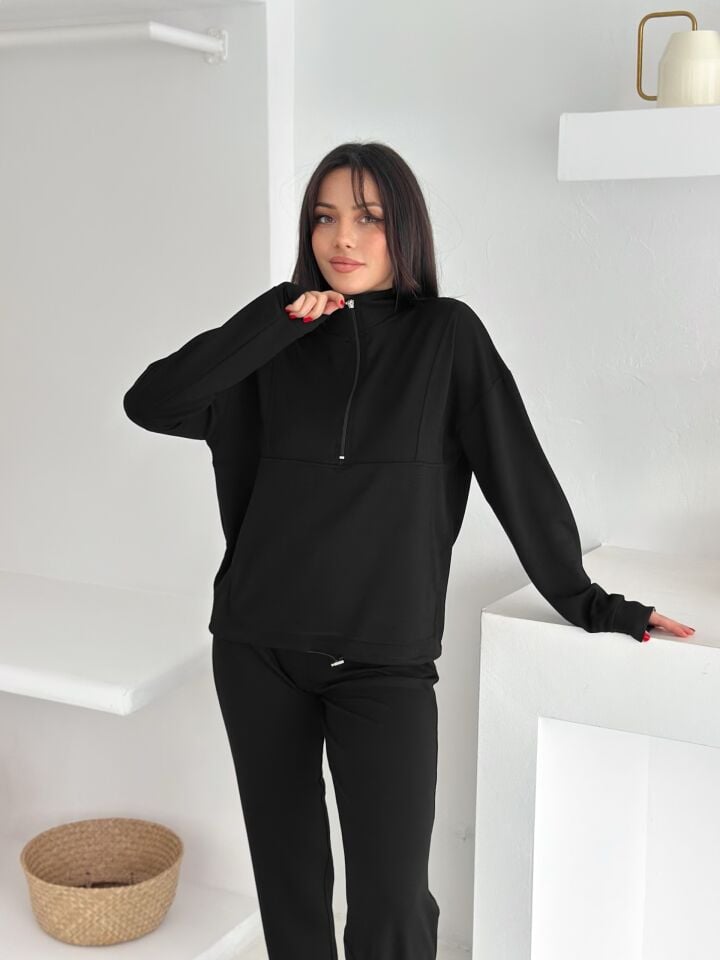 DİK YAKA PARÇALI EŞOFMAN TAKIMI MODAL KUMAŞ CEPLİ - WM2561 - SİYAH - XL