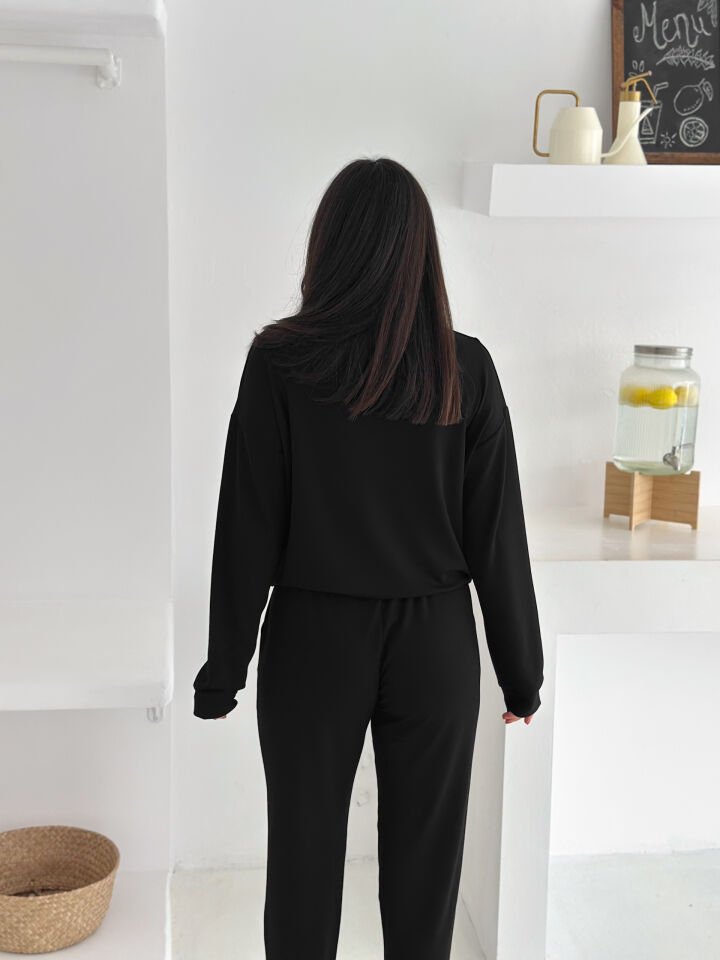 DİK YAKA PARÇALI EŞOFMAN TAKIMI MODAL KUMAŞ CEPLİ - WM2561 - SİYAH - XL