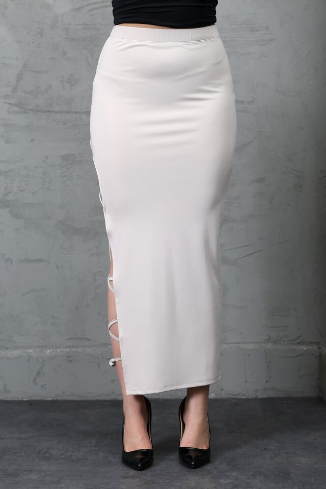 YIRTMAÇLI UZUN MAXİ ETEK KORDON BAĞLAMALI-BACAKDAN BAĞLAMALI EKSTRA LİKRA L - BEJ