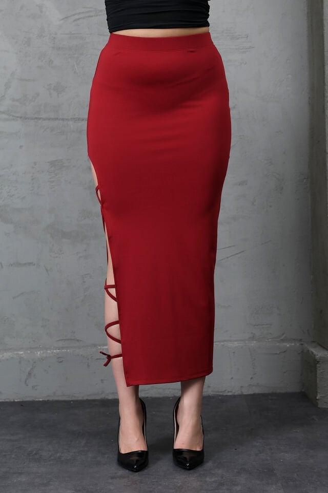 YIRTMAÇLI UZUN MAXİ ETEK KORDON BAĞLAMALI-BACAKDAN BAĞLAMALI EKSTRA LİKRA M - BORDO