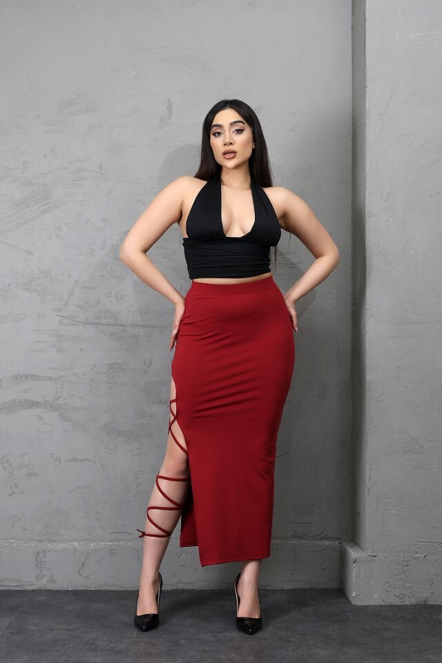 YIRTMAÇLI UZUN MAXİ ETEK KORDON BAĞLAMALI-BACAKDAN BAĞLAMALI EKSTRA LİKRA L - BORDO