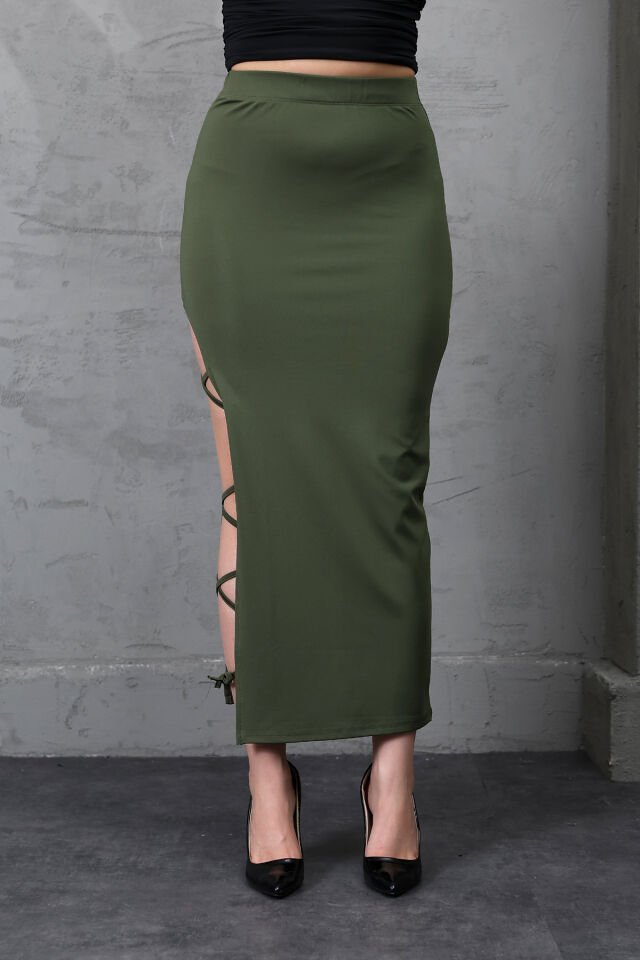 YIRTMAÇLI UZUN MAXİ ETEK KORDON BAĞLAMALI-BACAKDAN BAĞLAMALI EKSTRA LİKRA M - HAKİ