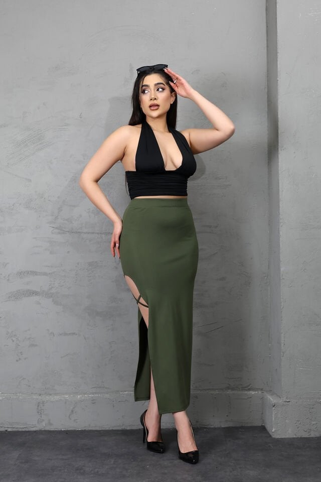 YIRTMAÇLI UZUN MAXİ ETEK KORDON BAĞLAMALI-BACAKDAN BAĞLAMALI EKSTRA LİKRA L - HAKİ