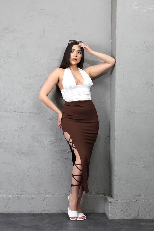 YIRTMAÇLI UZUN MAXİ ETEK KORDON BAĞLAMALI-BACAKDAN BAĞLAMALI EKSTRA LİKRA M - KAHVERENGİ