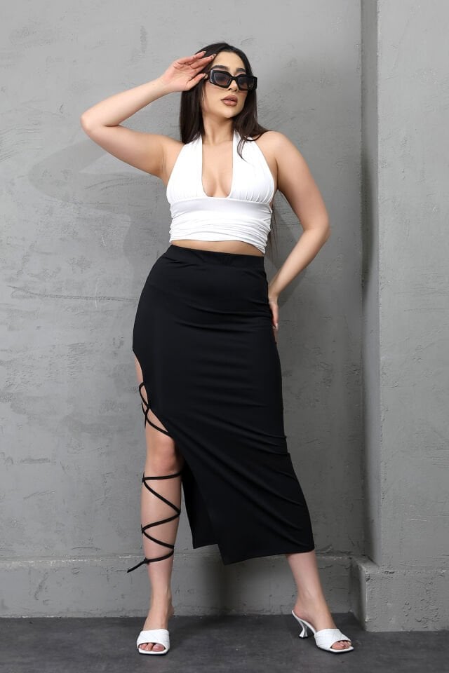 YIRTMAÇLI UZUN MAXİ ETEK KORDON BAĞLAMALI-BACAKDAN BAĞLAMALI EKSTRA LİKRA M - SİYAH