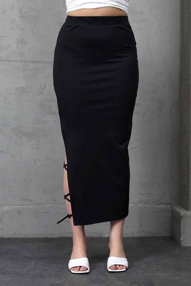 YIRTMAÇLI UZUN MAXİ ETEK KORDON BAĞLAMALI-BACAKDAN BAĞLAMALI EKSTRA LİKRA M - SİYAH