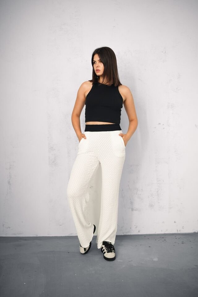 GOFRE TEK ALT PANTOLON - YAZLIK BEL GARNİLİ GOFRE PANTOLON XL - BEYAZ