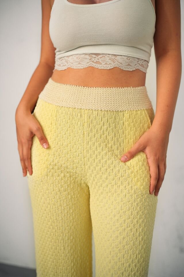 GOFRE TEK ALT PANTOLON - YAZLIK BEL GARNİLİ GOFRE PANTOLON XL - SARI