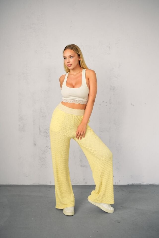 GOFRE TEK ALT PANTOLON - YAZLIK BEL GARNİLİ GOFRE PANTOLON XL - SARI