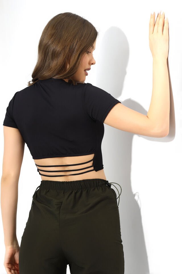 Bel Lastik Detaylı Body Crop Kısa Kollu L - SİYAH