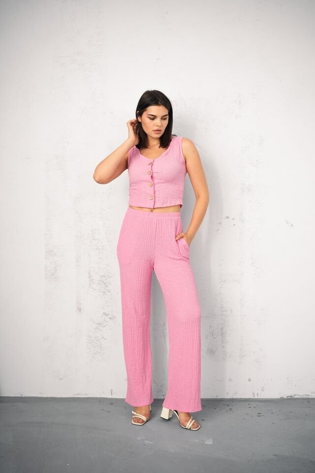 KADIN GOFRE TAKIM YELEKLİ - YELEK VE PANTOLON - YAZLIK TAKIM XL - PEMBE