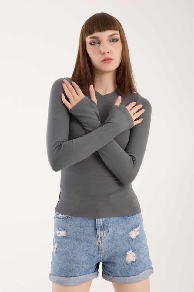PARMAK GEÇMELİ UZUN KOLLU BODY - UZUN KOL BODY BİSİKLET YAKA LİKRALI S - GRİ